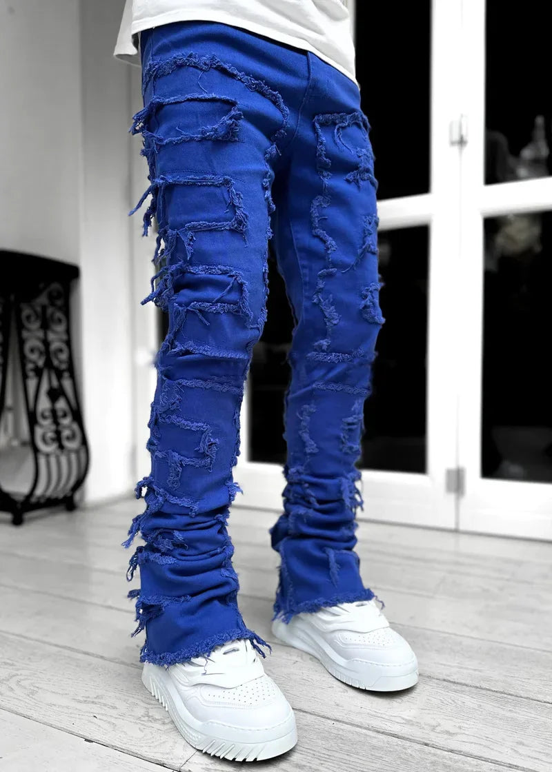 Denim Slim Fit Stacked Ripped Jeans