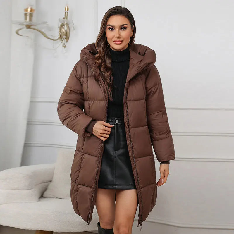 Winter Coat Female 2025 New Hooded Loose Solid Color Overcoat Women Cotton Jacket Mid-Length Slim Fit Thick Warm Padded Coats
