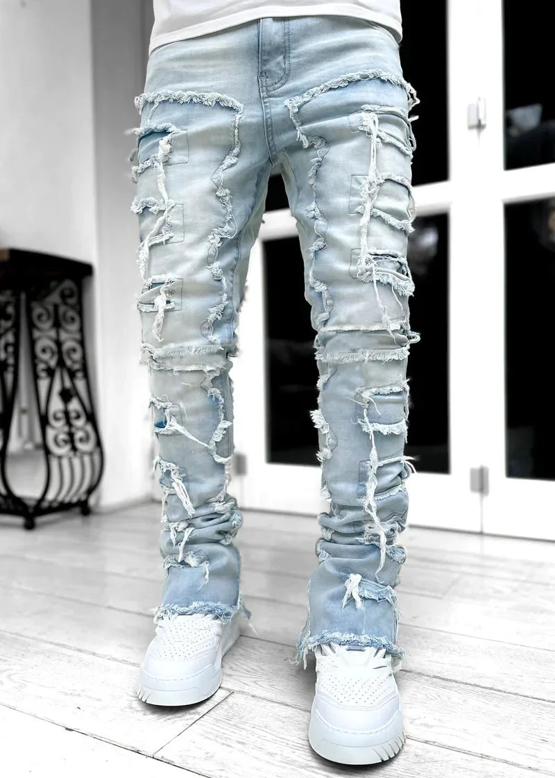 Denim Slim Fit Stacked Ripped Jeans