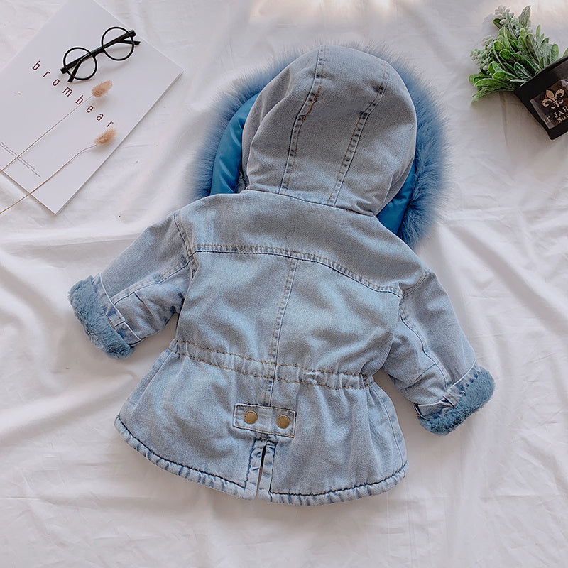Hooded fur denim coat