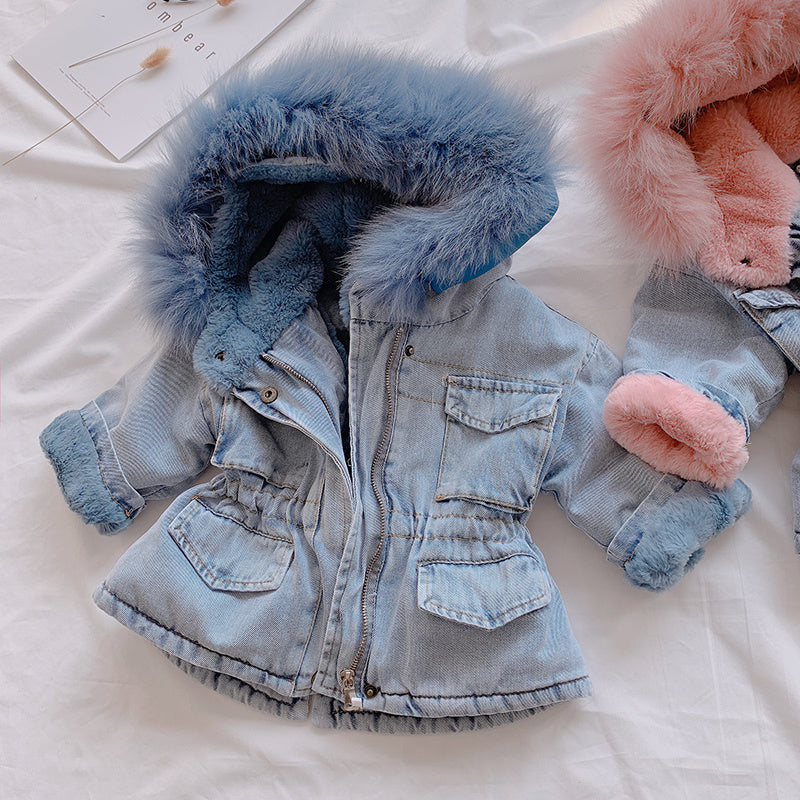 Hooded fur denim coat