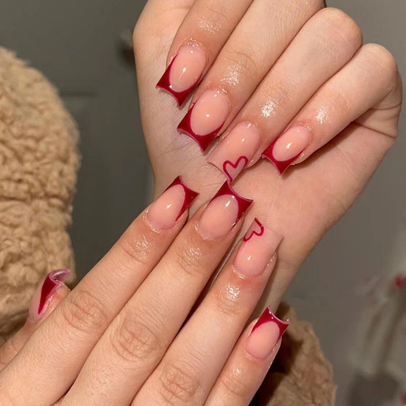 Wine Red French Love European Square Press on Nails