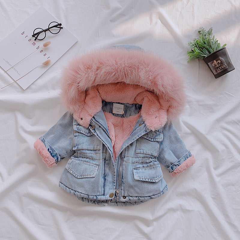 Hooded fur denim coat