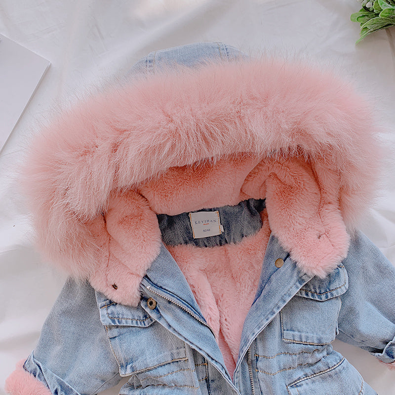 Hooded fur denim coat