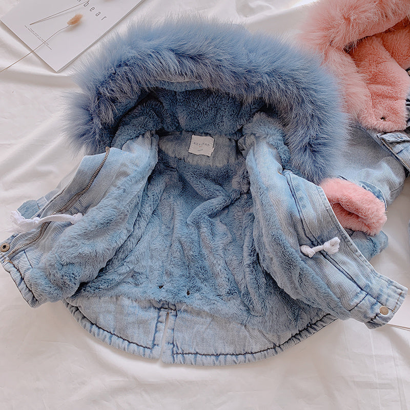 Hooded fur denim coat