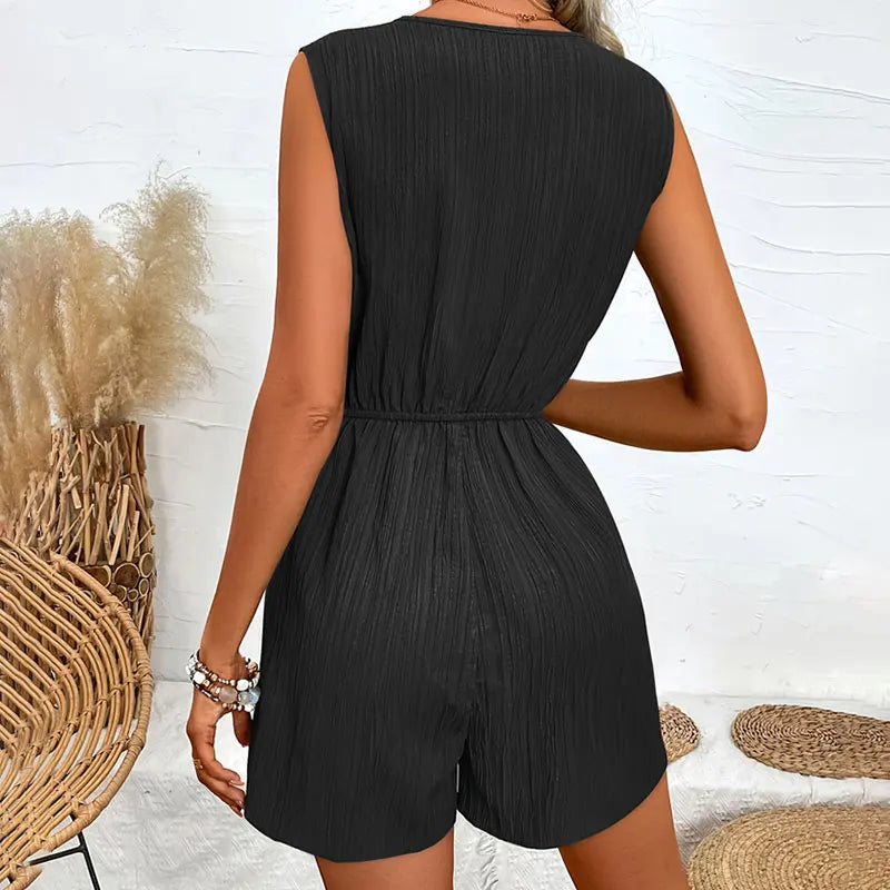 Jump Suit Women Overalls Playsuits Vacation One Pieces Outfits Romper Summer Casual Cross V-neck Sleeveless Solid Short Female