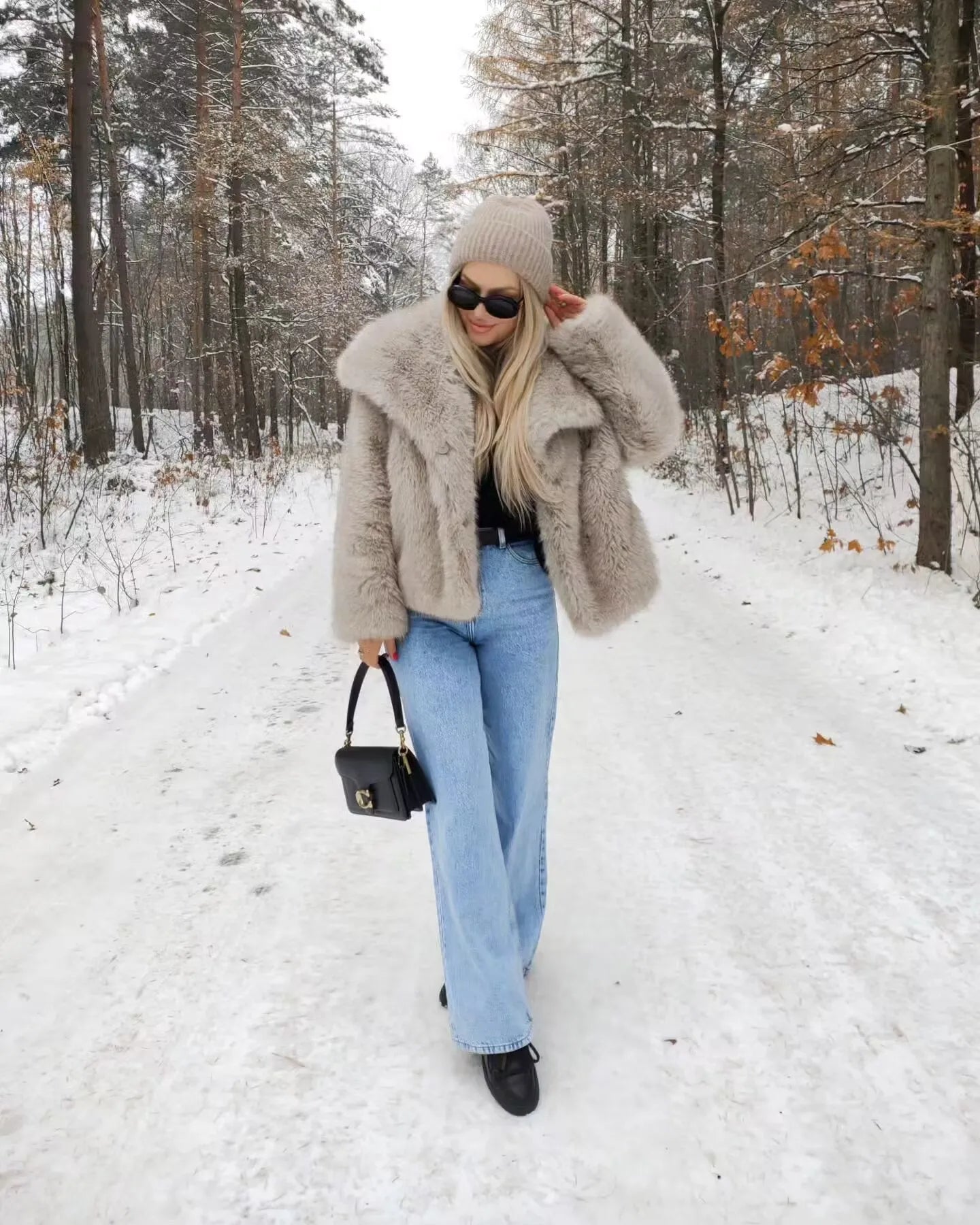 MUJER Black Faux Fur Coat for Women Autumn Winter Plush Coats and Jackets Streetwear Outerwears Long Sleeve Warm Womens Coats