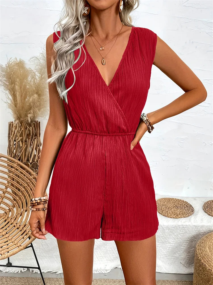 Jump Suit Women Overalls Playsuits Vacation One Pieces Outfits Romper Summer Casual Cross V-neck Sleeveless Solid Short Female