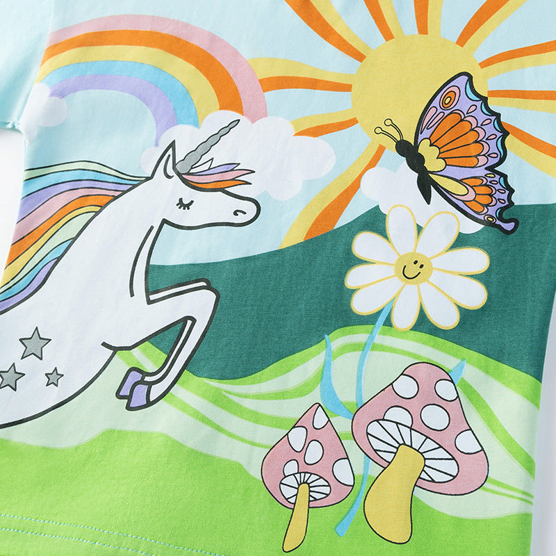 Kids’ Unicorn Cartoon Pattern Short Sleeves T-shirt in European and American Style for Summer
