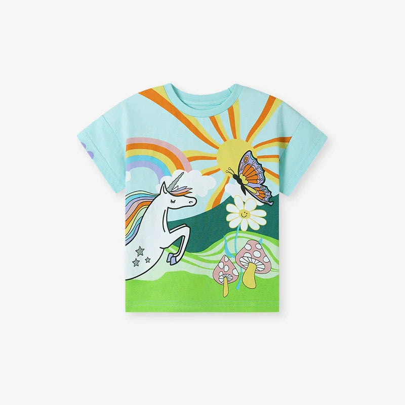 Kids’ Unicorn Cartoon Pattern Short Sleeves T-shirt in European and American Style for Summer